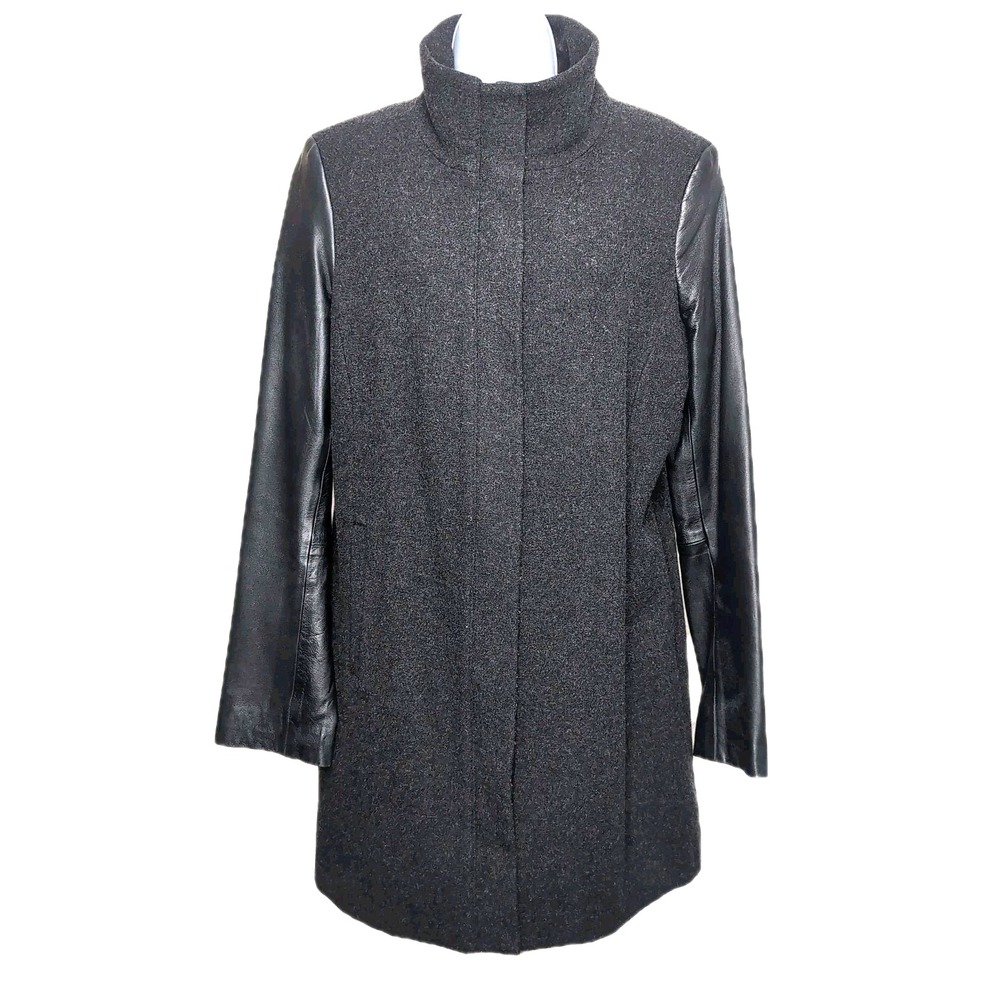 Eileen Fisher Coat Size M Wool Blend High Collar Leather Sleeves Full Zip Snaps